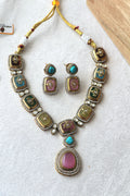 Victorian Turquoise Pink Kundan Inlay Necklace Set