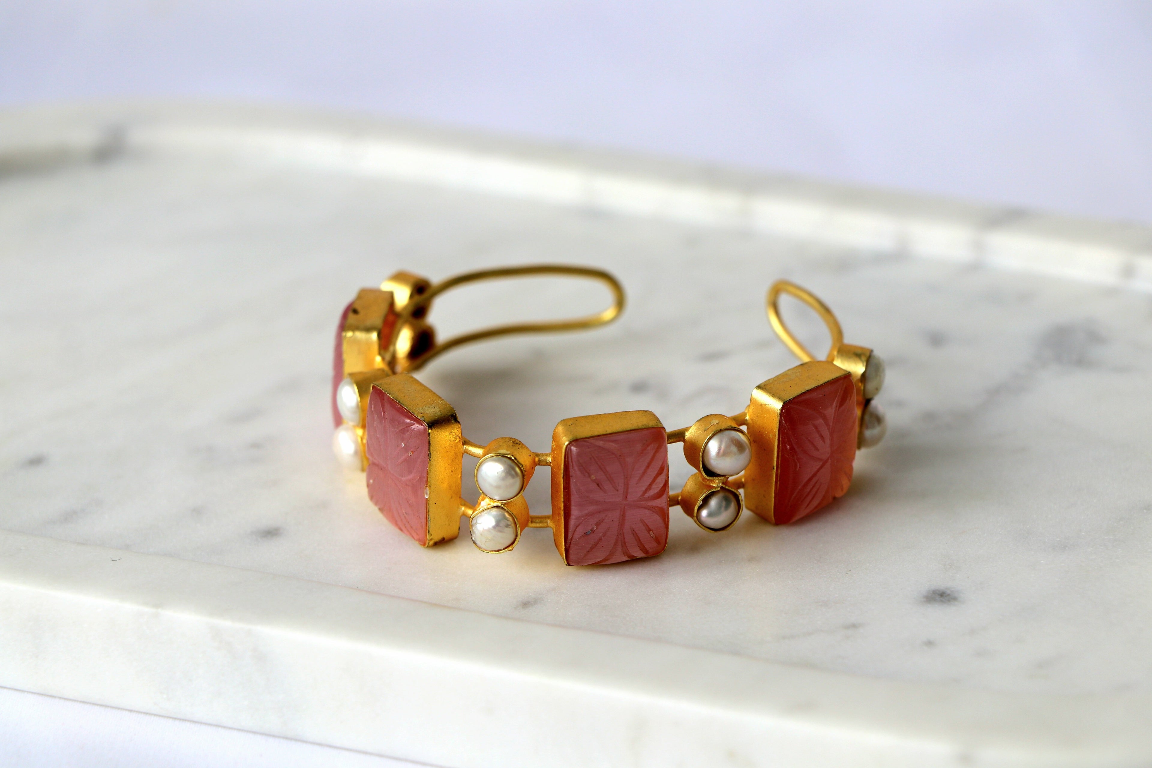 Carved Gemstone & Pearl Open Cuff Bracelet