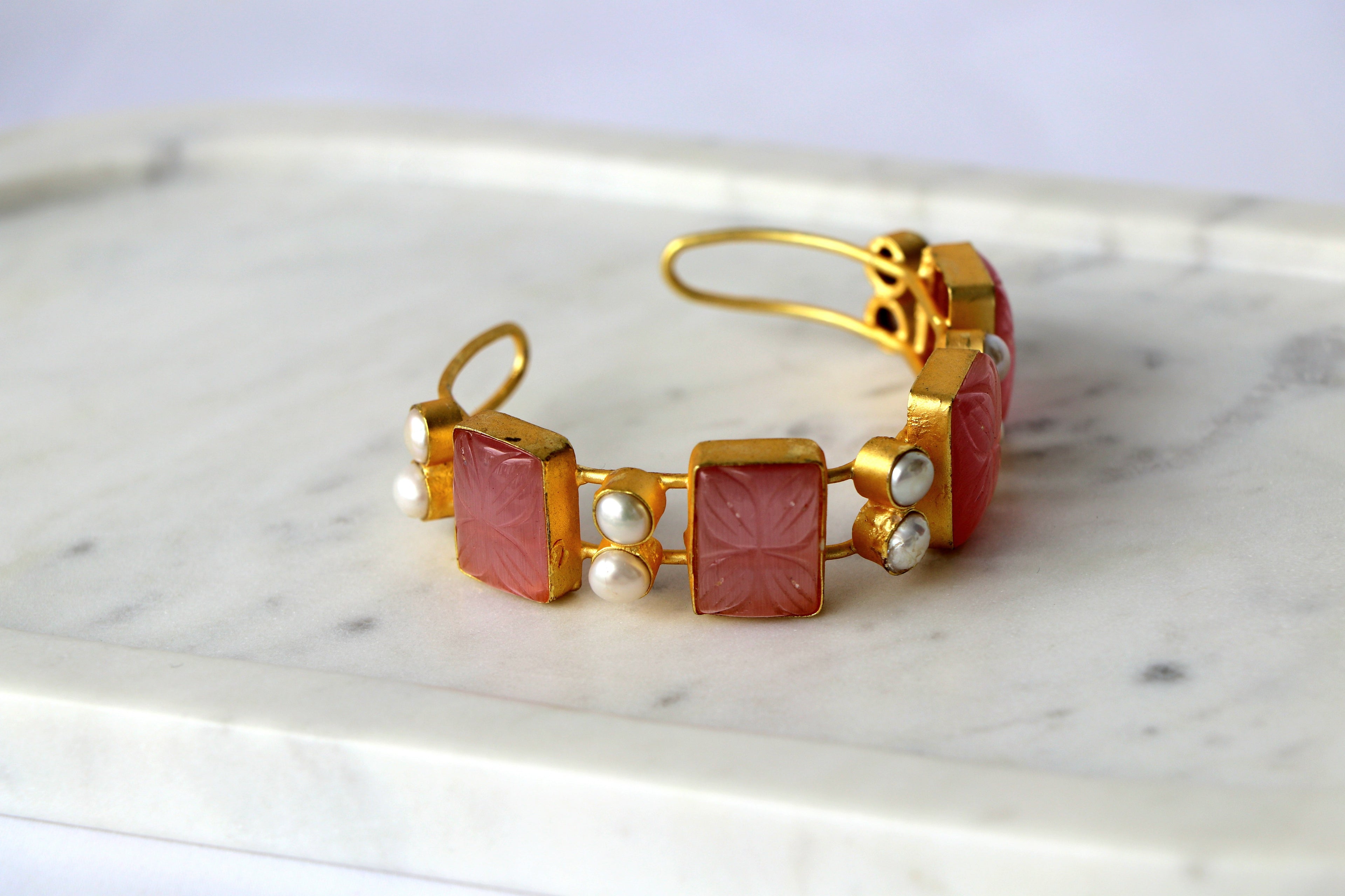 Carved Gemstone & Pearl Open Cuff Bracelet