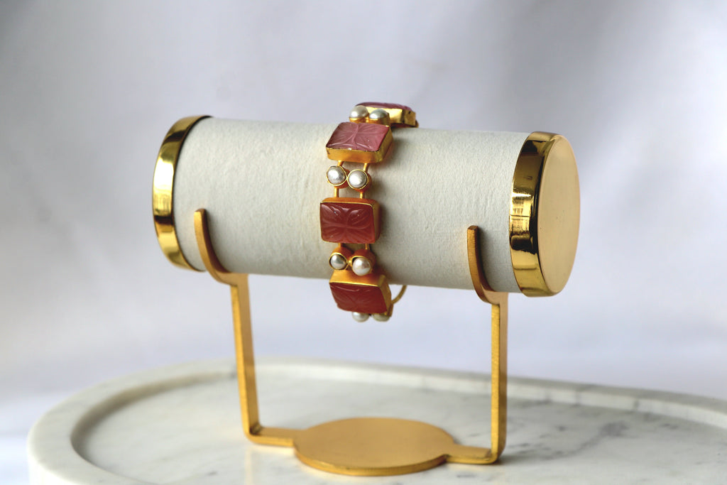 Carved Gemstone & Pearl Open Cuff Bracelet