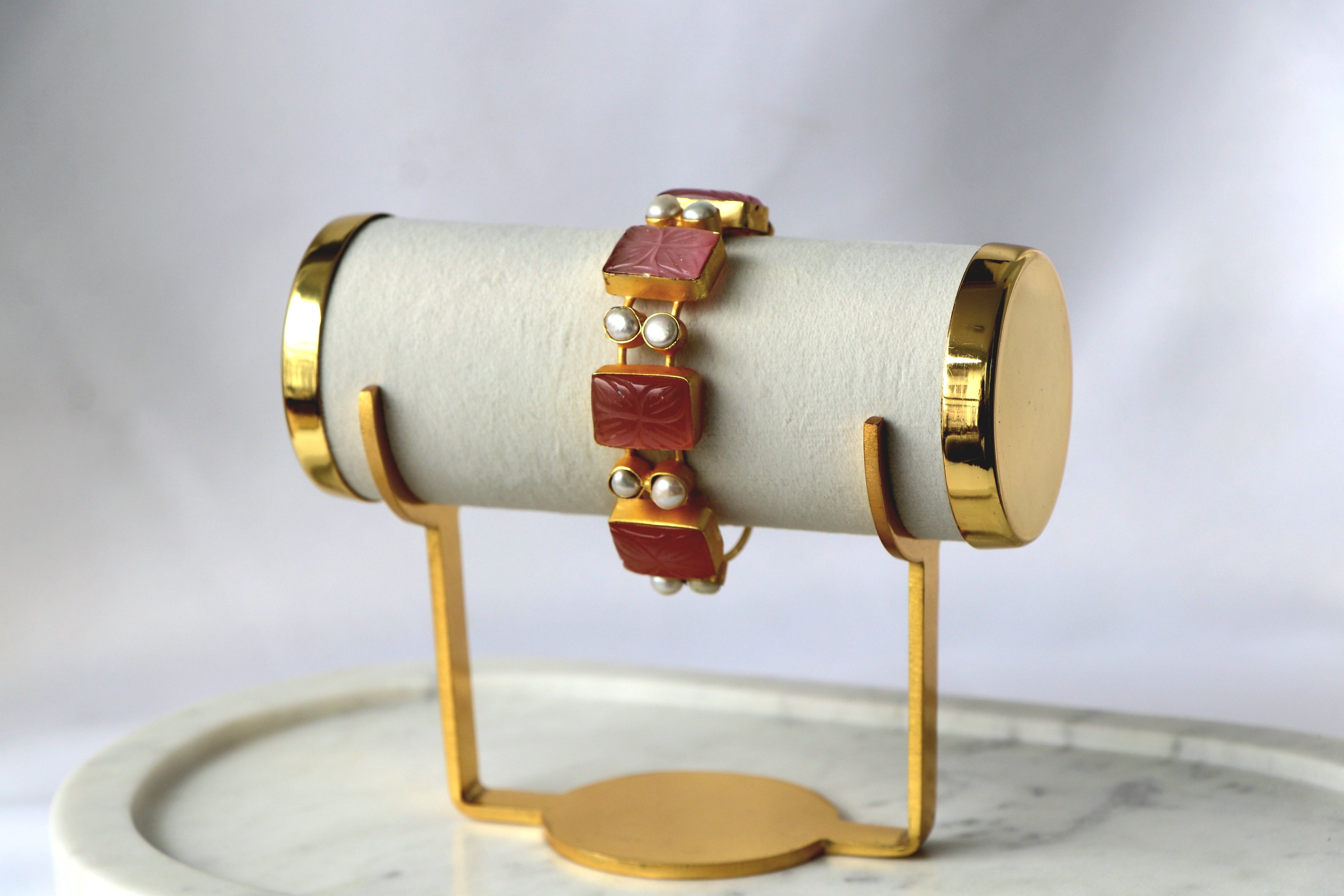 Carved Gemstone & Pearl Open Cuff Bracelet