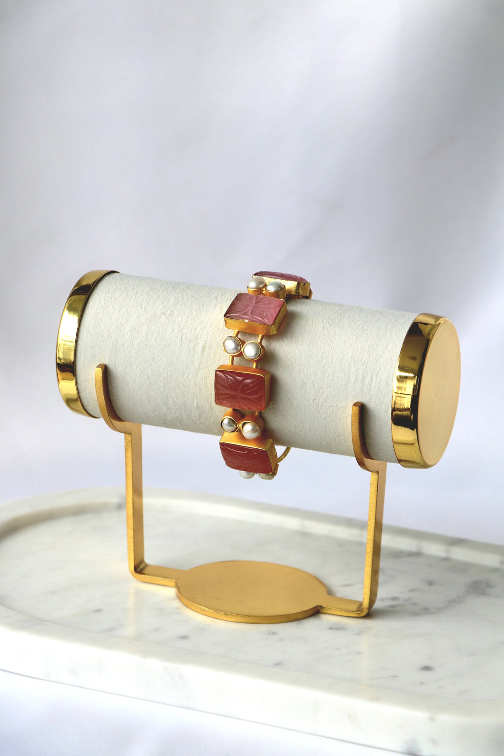 Carved Gemstone & Pearl Open Cuff Bracelet