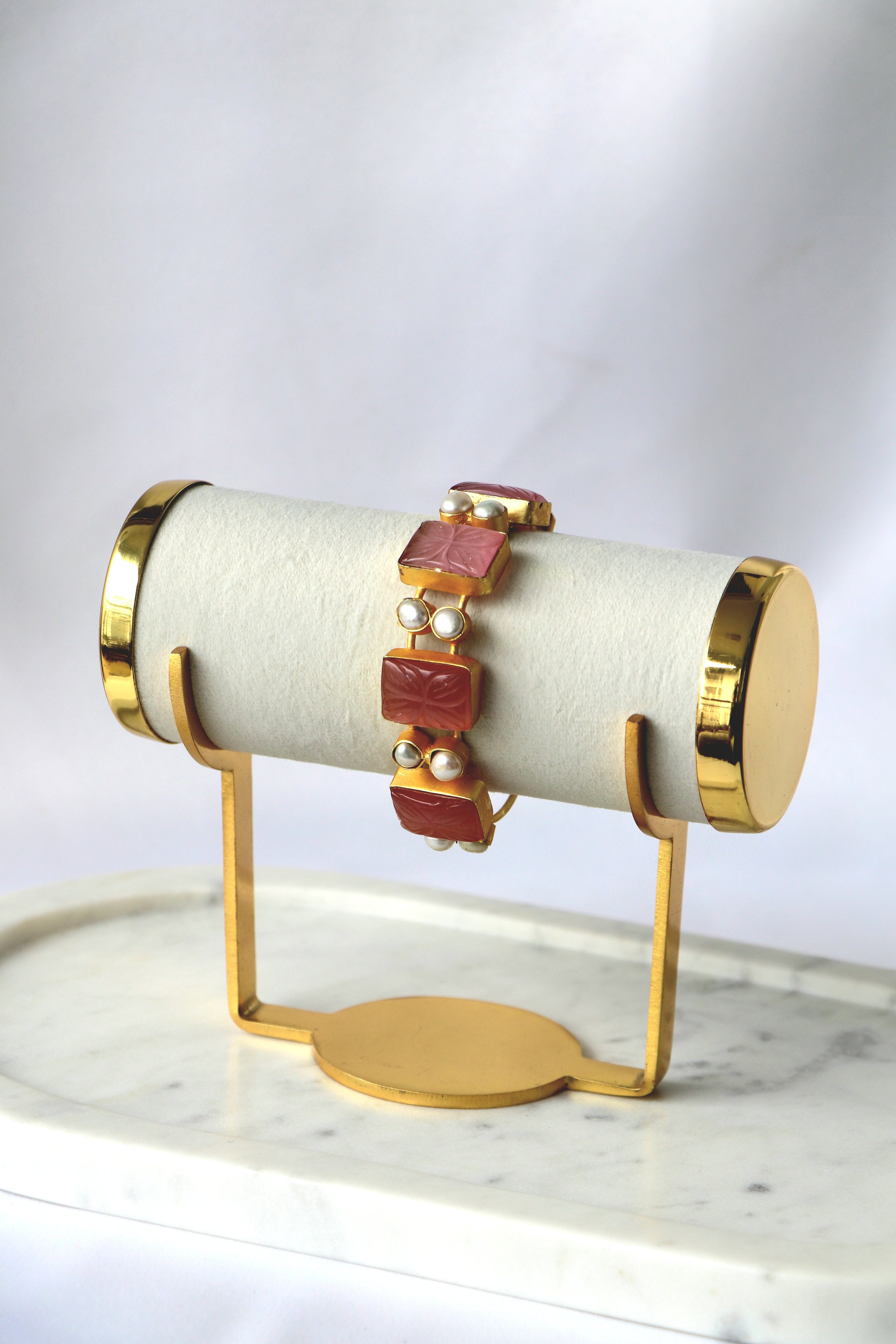 Carved Gemstone & Pearl Open Cuff Bracelet