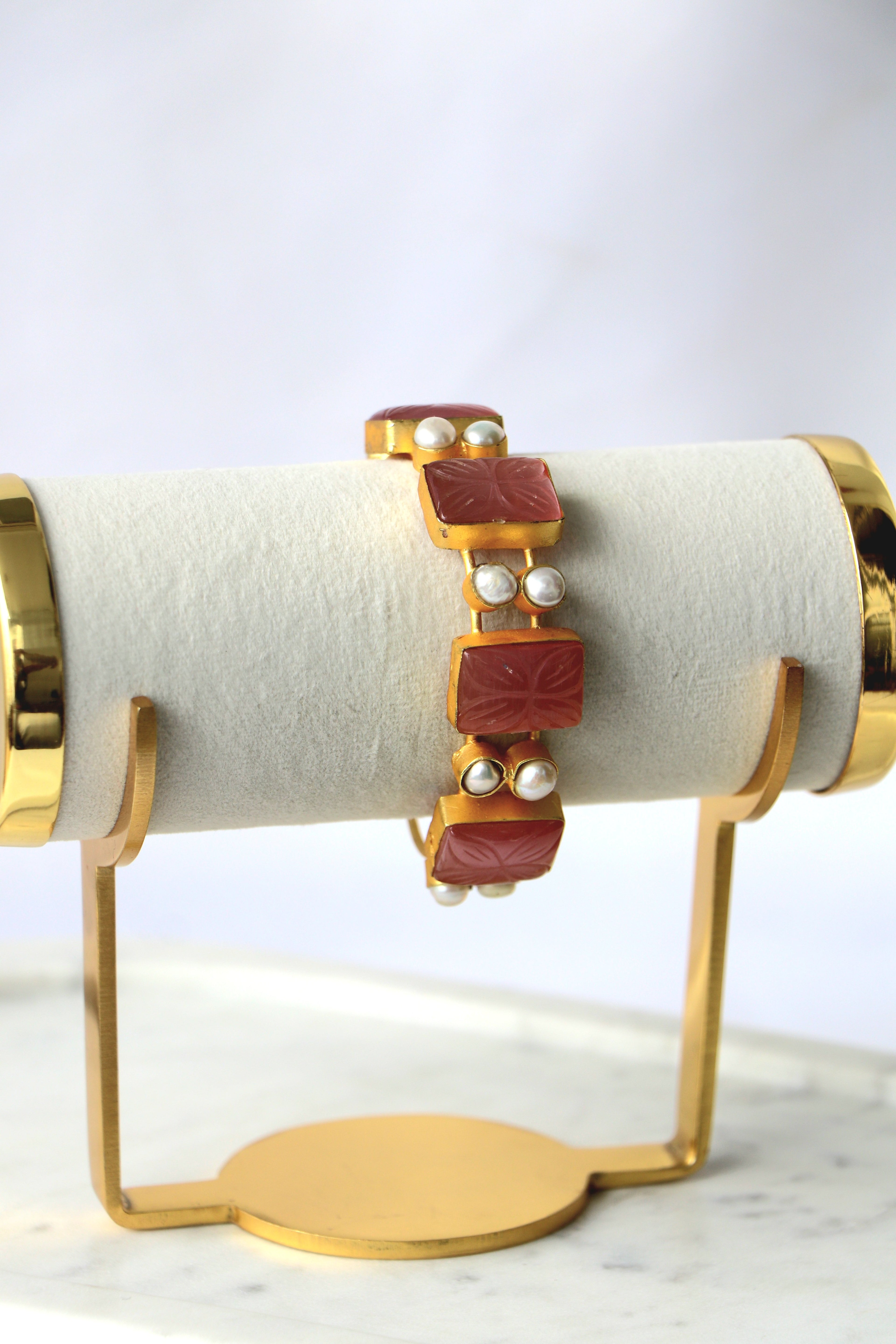 Carved Gemstone & Pearl Open Cuff Bracelet