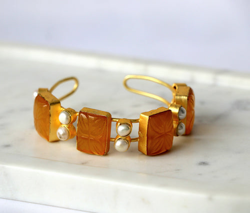 Carved Gemstone & Pearl Open Cuff Bracelet