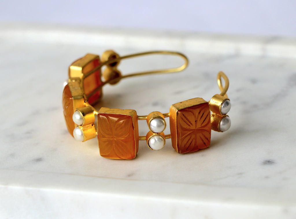 Carved Gemstone & Pearl Open Cuff Bracelet