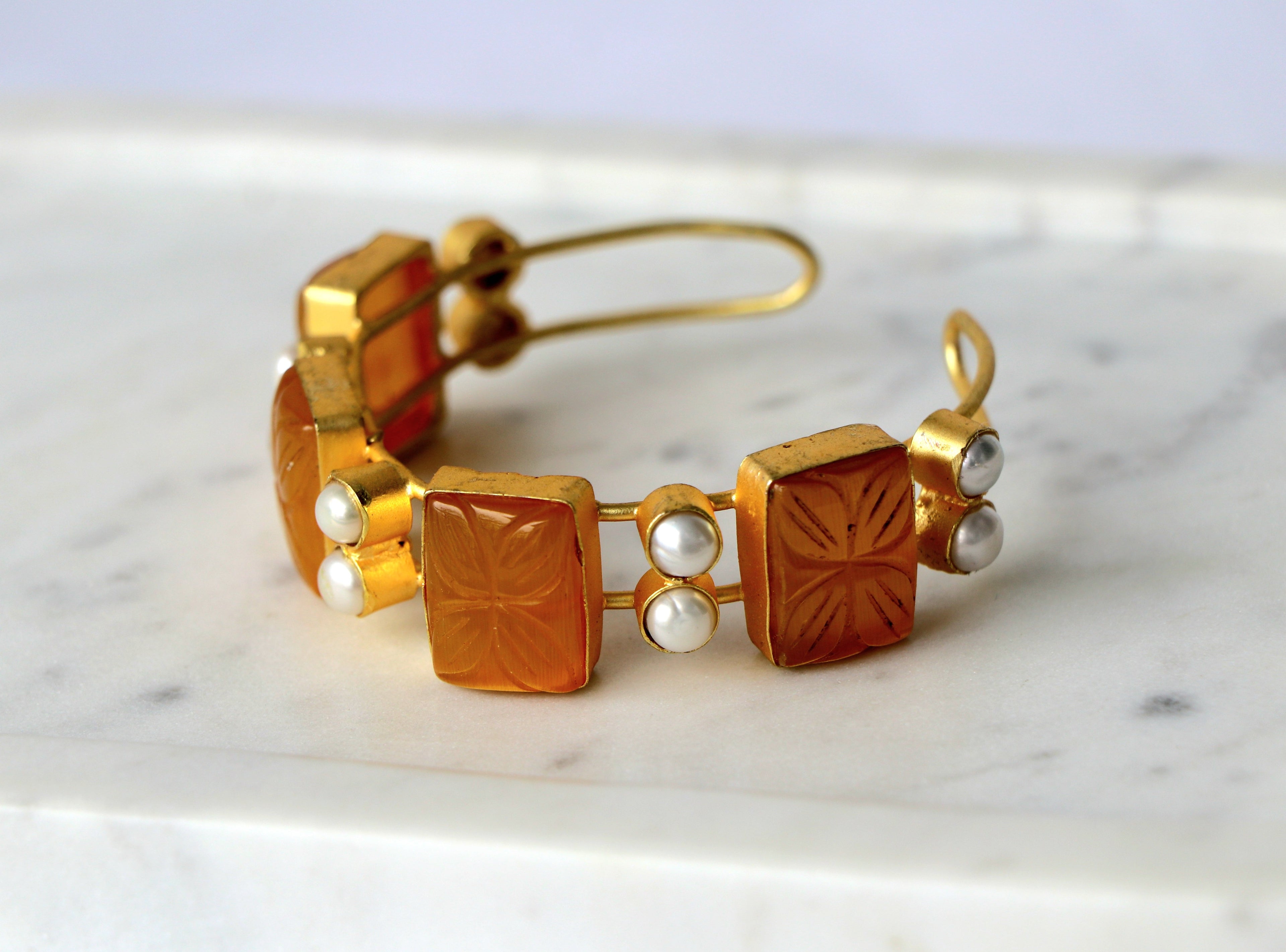 Carved Gemstone & Pearl Open Cuff Bracelet