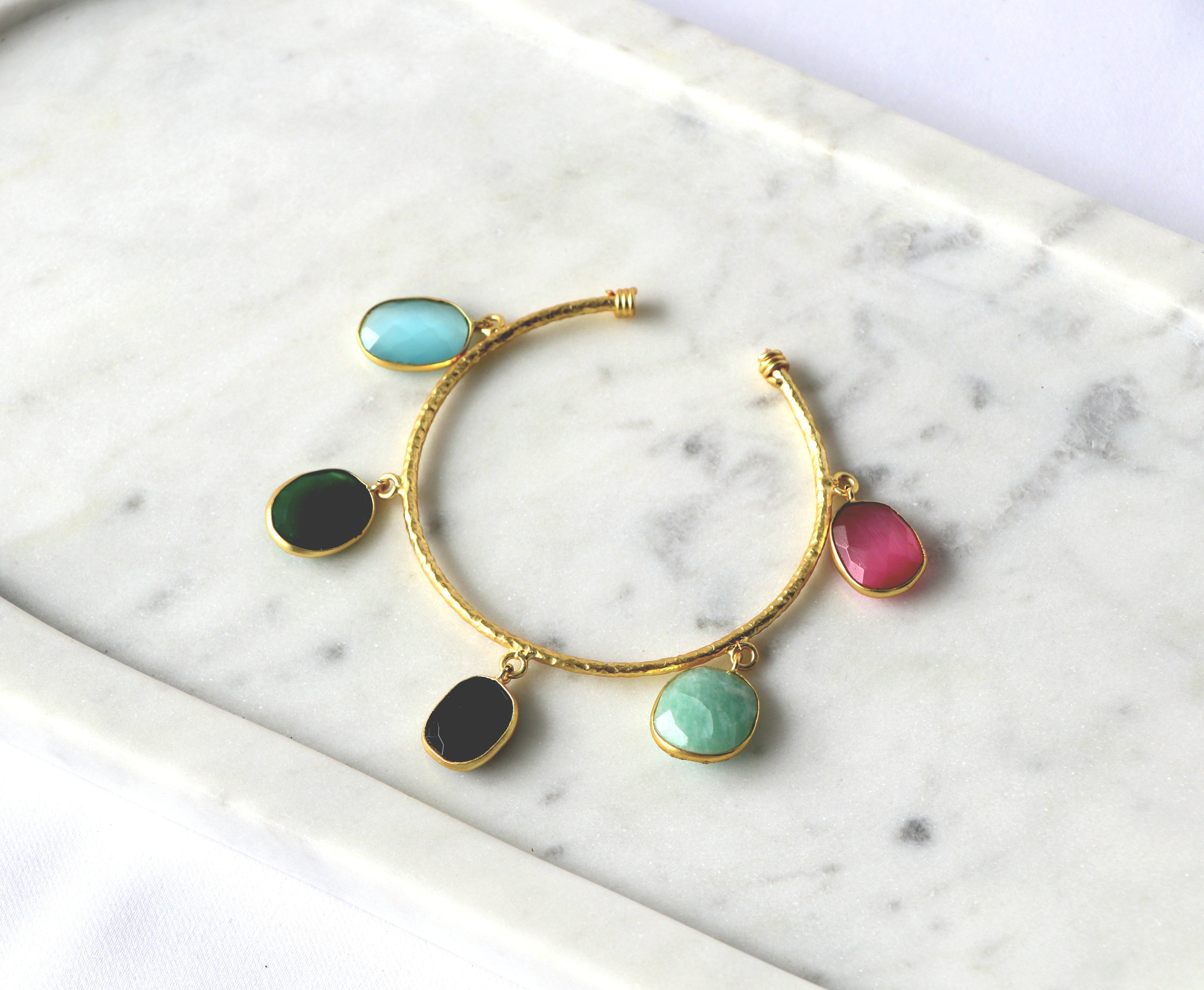 Multicolor Gemstone Charm Open Cuff Bracelet
