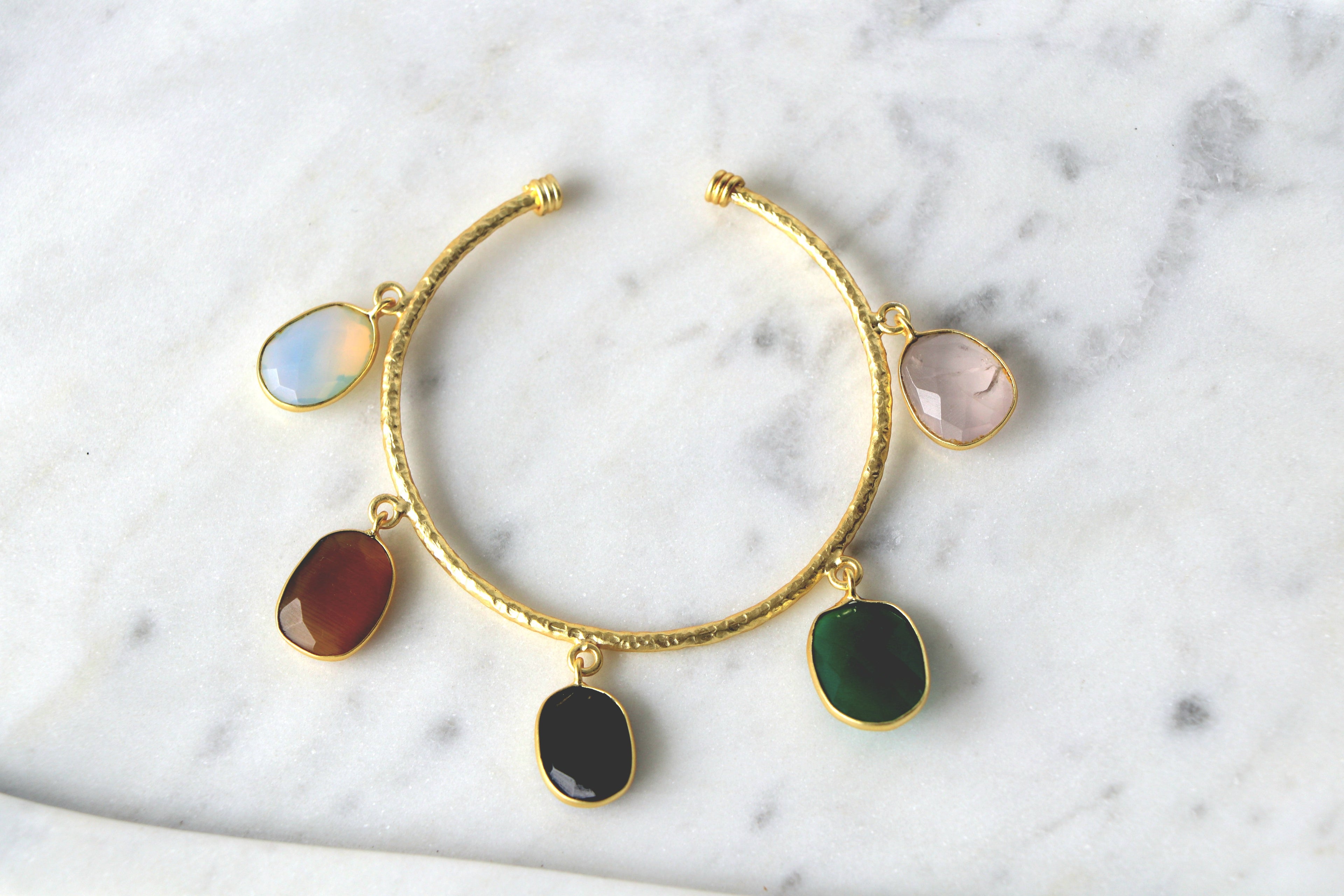 Multicolor Gemstone Charm Open Cuff Bracelet