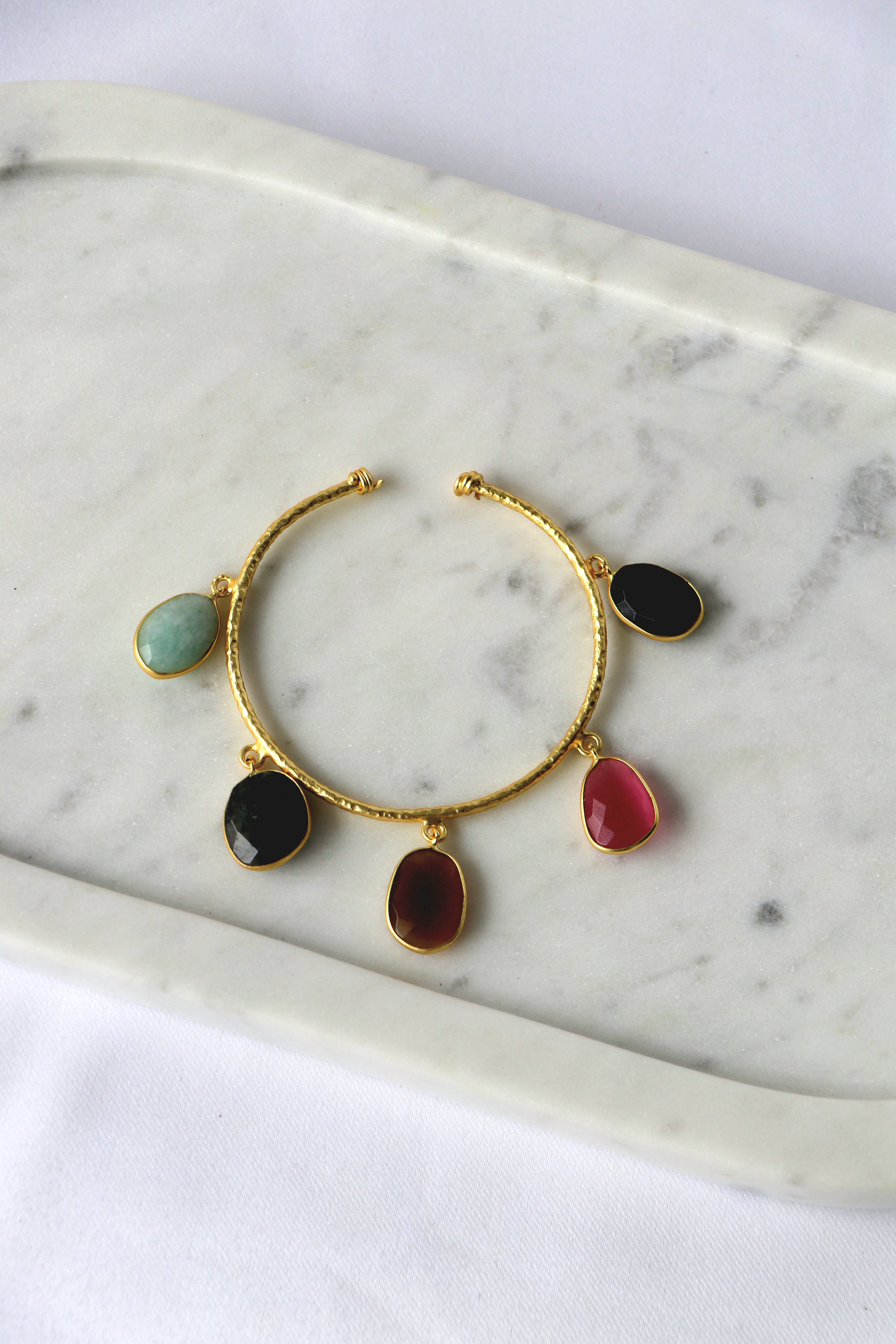 Multicolor Gemstone Charm Open Cuff Bracelet