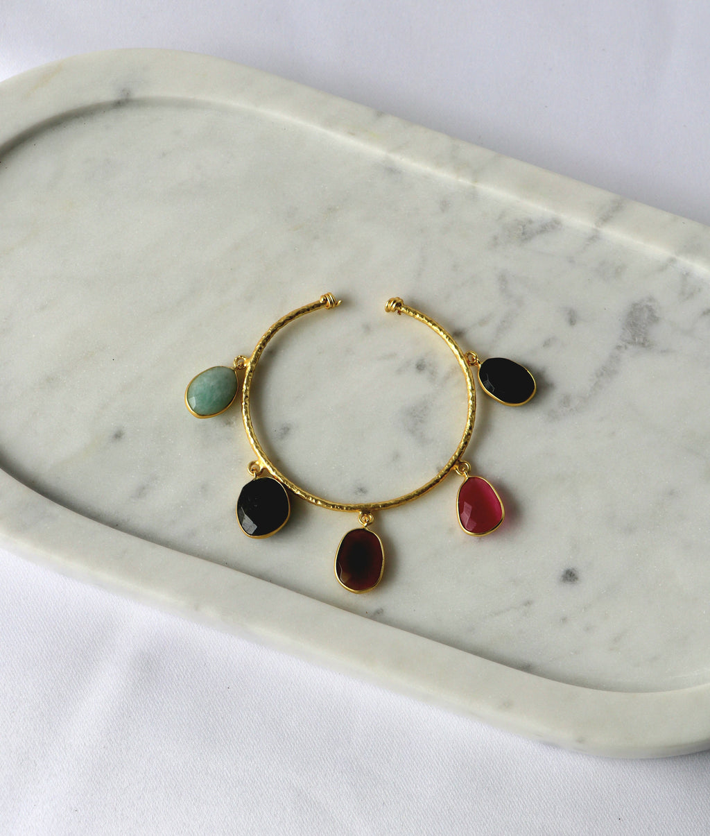 Multicolor Gemstone Charm Open Cuff Bracelet