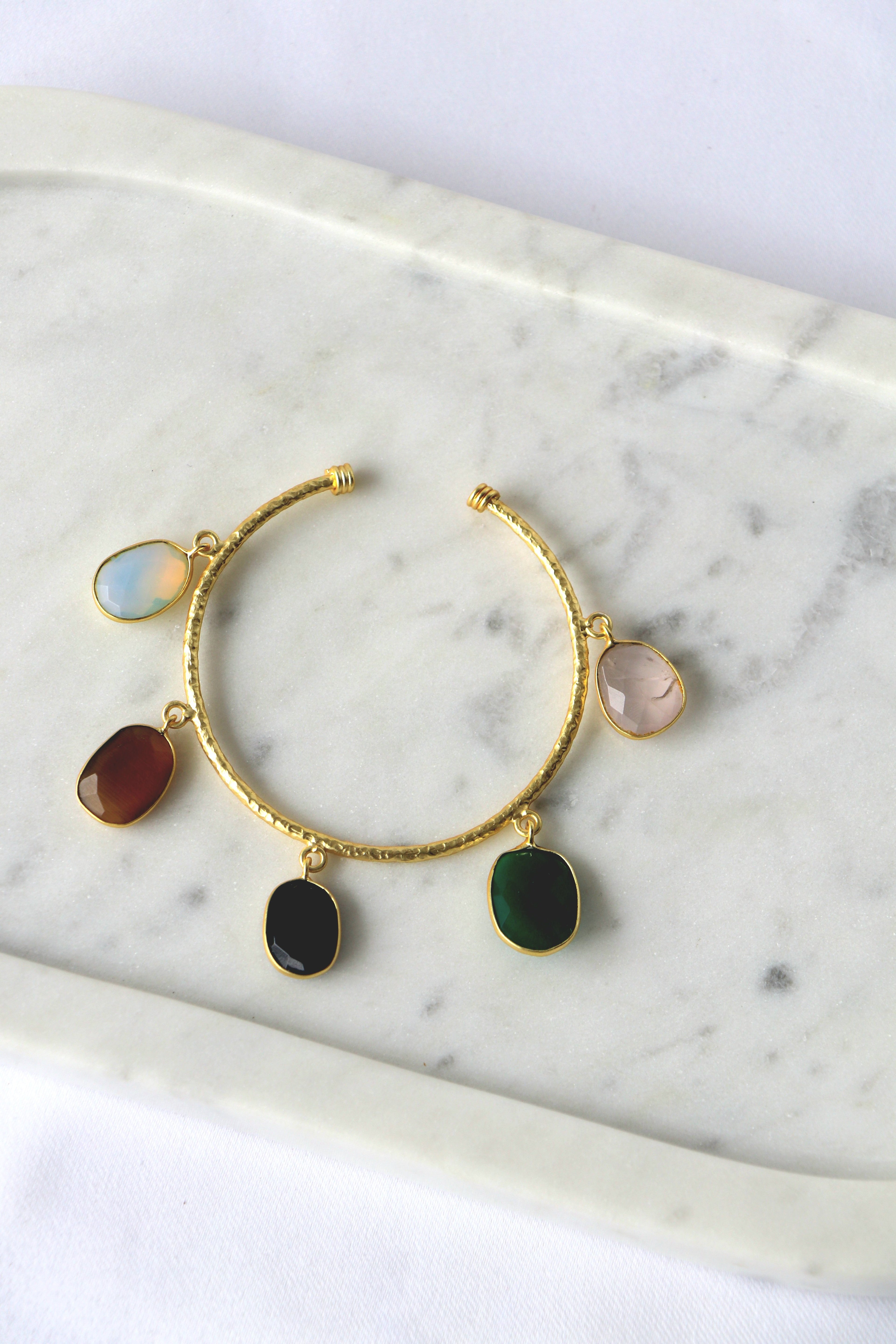 Multicolor Gemstone Charm Open Cuff Bracelet