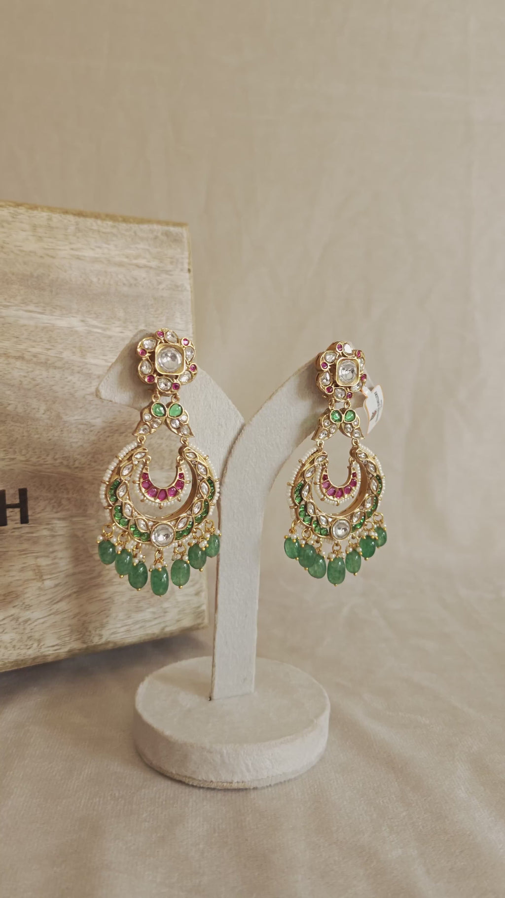 Kundan Chandbali Earrings with Green Drops | Bridal Gold-Toned Polki Earrings