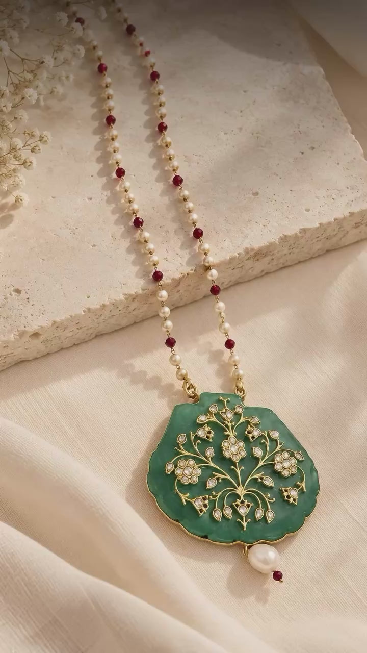 Green Stone Kundan Jadau Pendant Necklace with Detachable Pearl Ruby Mala