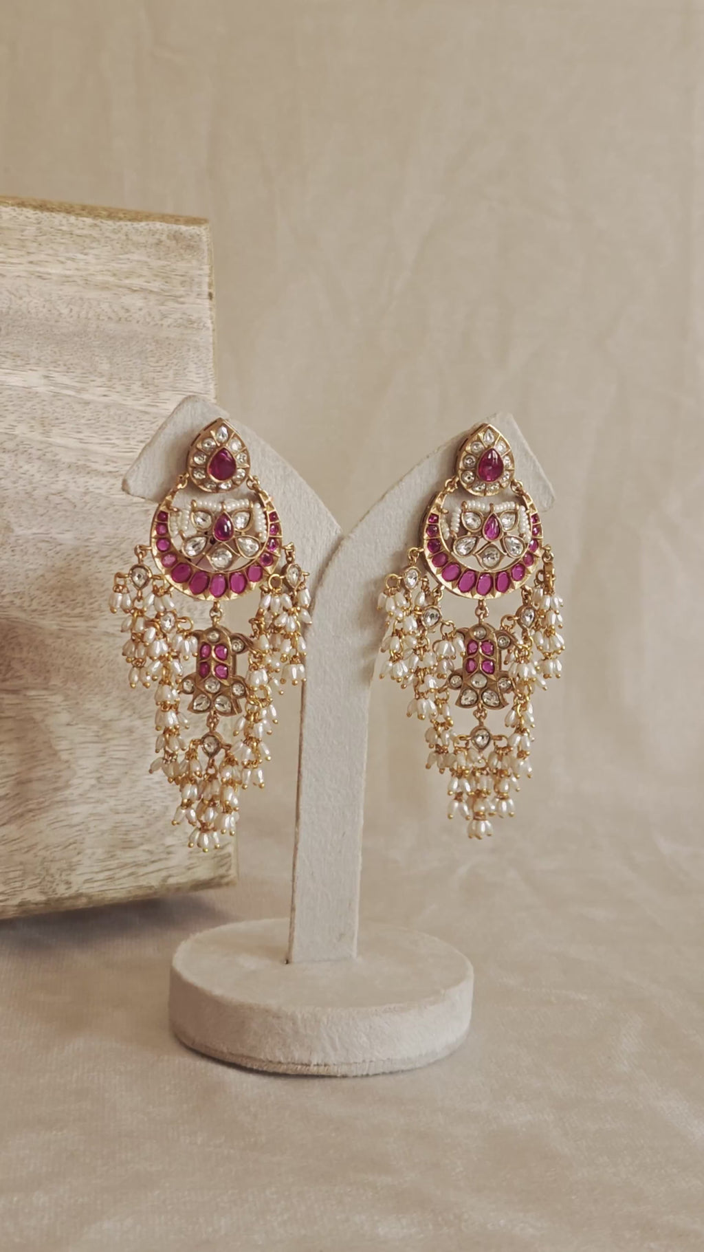 Antique Gold Ruby Kundan Pearl Chandbali | Statement Festive Earrings