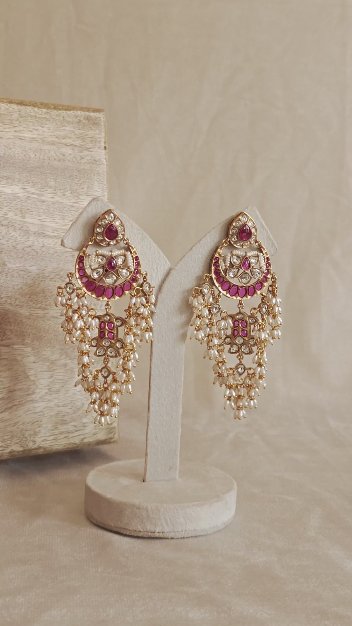 Antique Gold Ruby Kundan Pearl Chandbali | Statement Festive Earrings