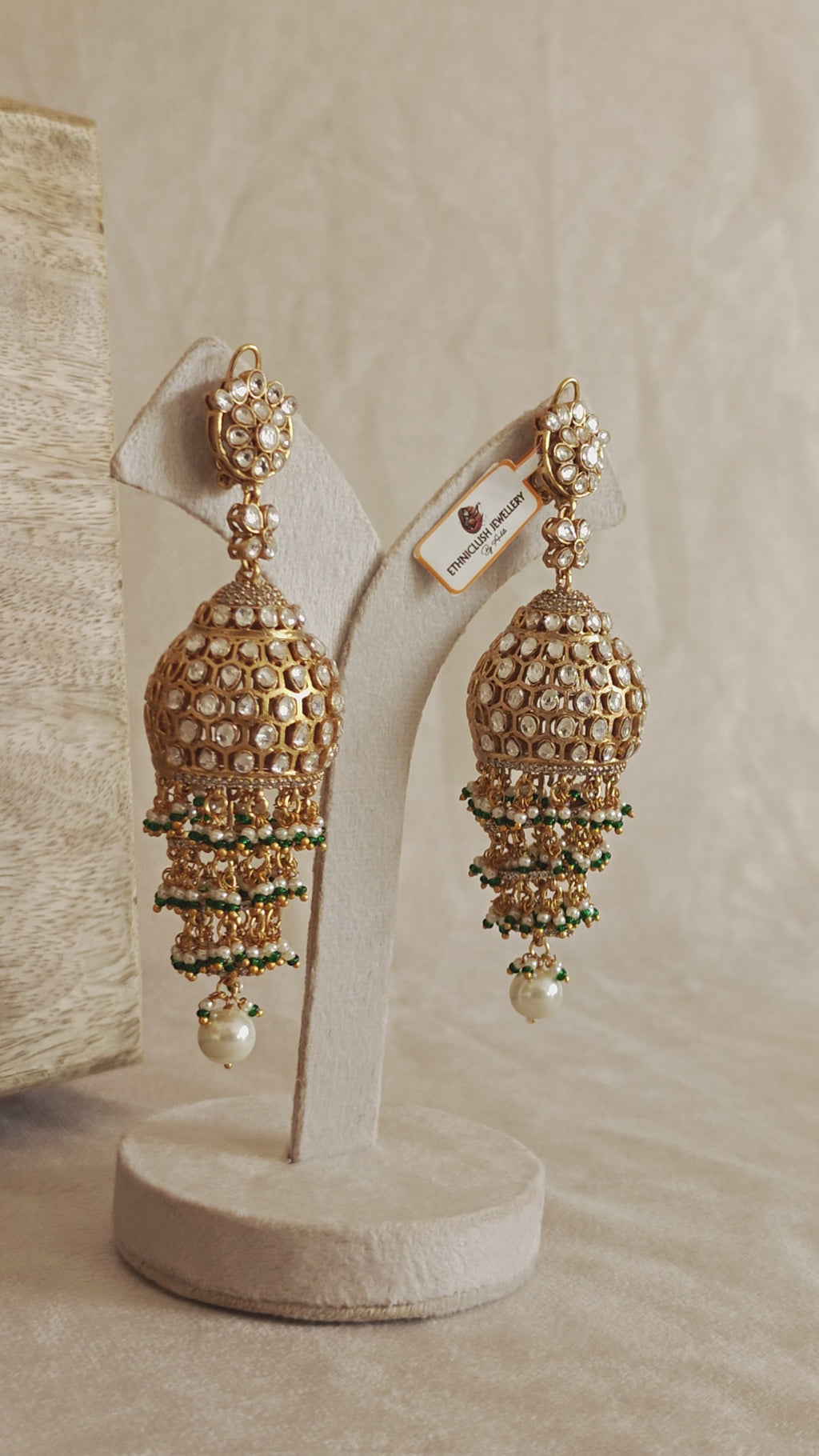 Green Beaded Kundan Jhumka Earrings with Pearl Drops